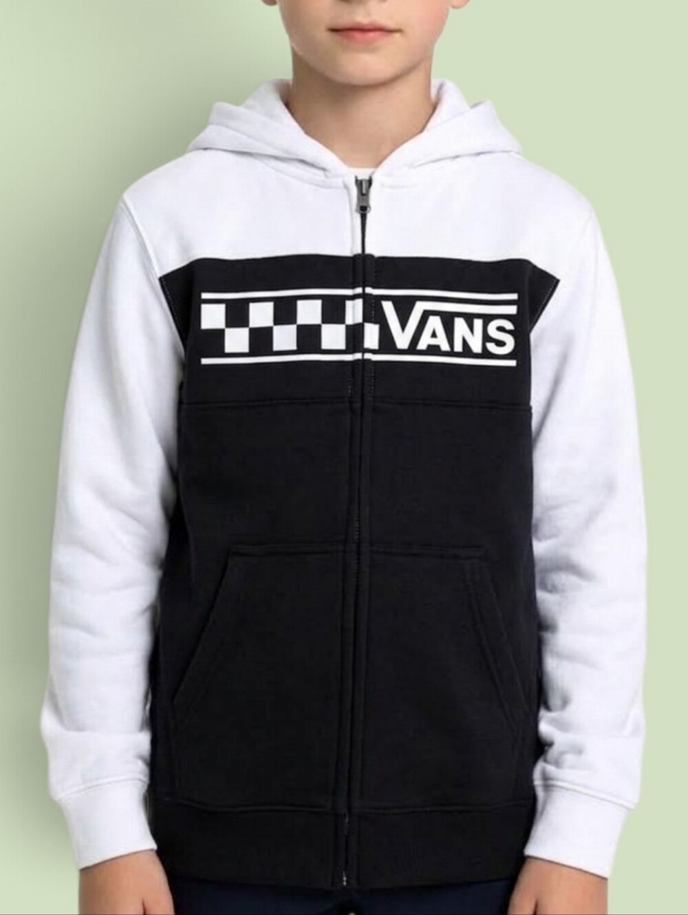 Vans Youth Boys Full-Zip Checkerboard Logo Hoodie - White / Black (M / 14-16)
